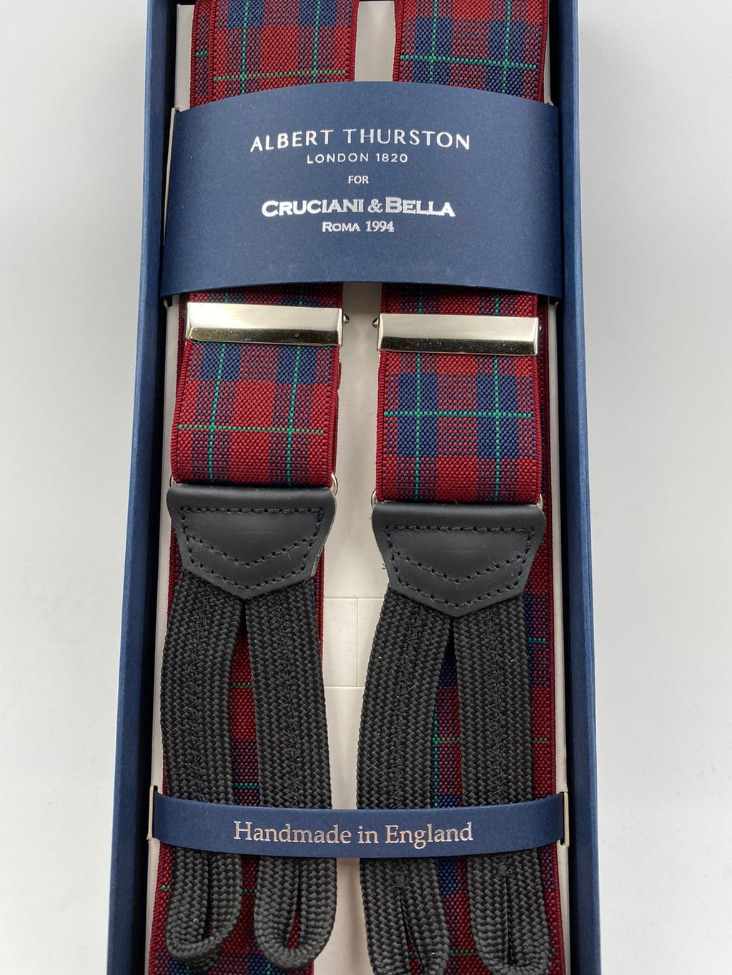 Albert Thurston for Cruciani & Bella Made in England Adjustable Sizing 35 mm elastic  braces Light Red and Green Tartan Braid ends Y-Shaped Nickel Fittings Size: L #4947