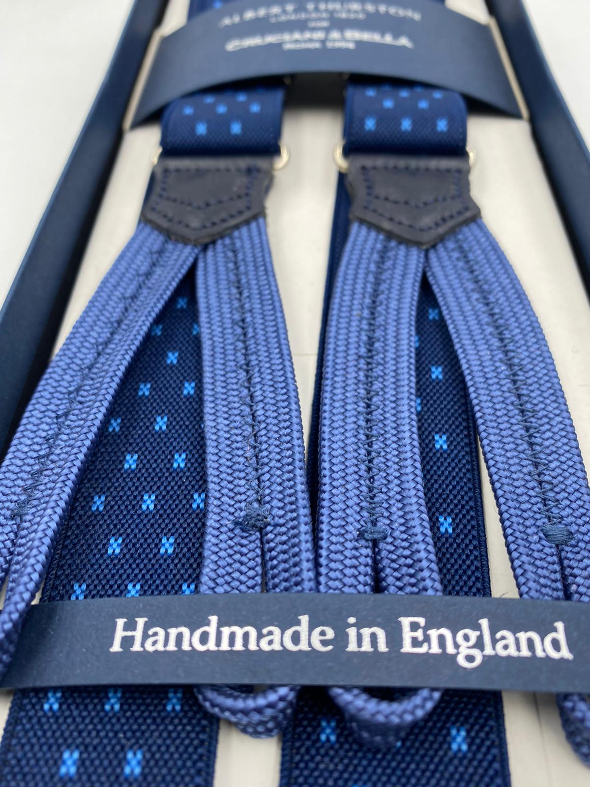 Albert Thurston for Cruciani & Bella Made in England Adjustable Sizing 25 mm elastic braces Navy Blue Motif Braid ends Y-Shaped Nickel Fittings Size: L #4893