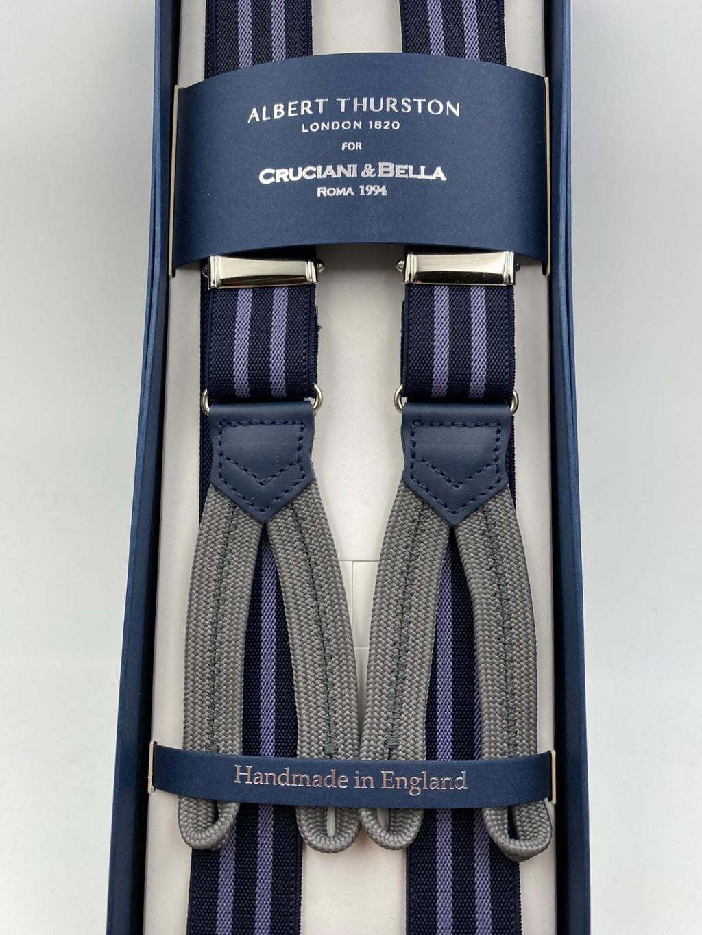 Albert Thurston for Cruciani & Bella Made in England Adjustable Sizing 25 mm elastic braces Blue and Purple Stripes Braid ends Y-Shaped Nickel Fittings Size: L #4261