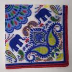 Cruciani & Bella 100% Cotton Hand-rolled  Red ,White and Multicolor Elephant  Motif  Pocket Square Handmade in Italy 29 cm X 29cm #0724 