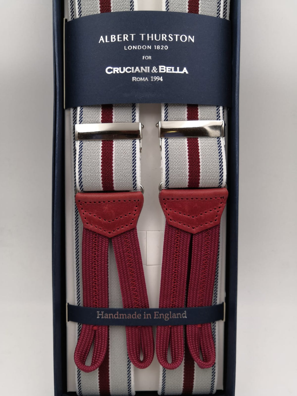 Albert Thurston for Cruciani & Bella Made in England Adjustable Sizing 35 mm elastic  braces Grey, Red, Blue and White stripes Braid ends Y-Shaped Nickel Fittings Size: L