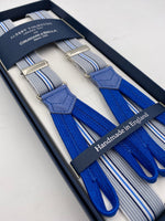 Albert Thurston for Cruciani & Bella Made in England Adjustable Sizing 25 mm elastic braces Grey, Blue and White Stripes Braid ends Y-Shaped Nickel Fittings Size: L #5667