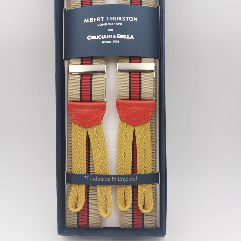 Albert Thurston for Cruciani & Bella Made in England Adjustable Sizing 35 mm Elastic Braces Sand,Red and Blue Stripes Braces Braid ends Y-Shaped Nickel Fittings Size: L #6232