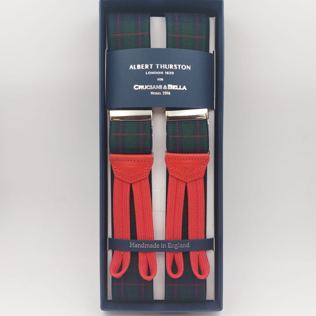 Albert Thurston for Cruciani & Bella Made in England Adjustable Sizing 35 mm Elastic Braces Green and Red Tartan Braces Braid ends Y-Shaped Nickel Fittings Size: L #6238