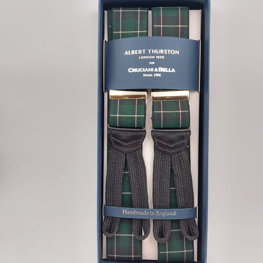 Albert Thurston for Cruciani & Bella Made in England Adjustable Sizing 35 mm Elastic Braces Black and Green Tartan Braces Braid ends Y-Shaped Nickel Fittings Size: L #6239