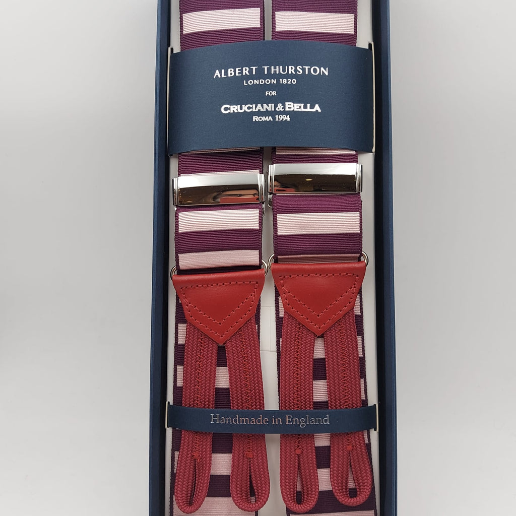 Albert Thurston for Cruciani & Bella Made in England Adjustable Sizing 40 mm Woven Barathea  Wine and Pink Stripes  Motif  Braces Elastic Braces Y-Shaped Nickel Fittings Size: XL 6171