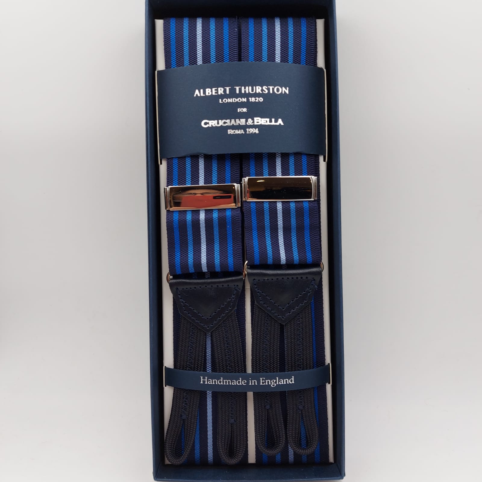 Albert Thurston - Elastic Braces - 25 mm - Blue, Grey and White Stripe –  Cruciani & Bella