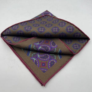 Cruciani & Bella Hand-rolled   100% Silk Brown, Light Blue, Turquoise and Pink Double Faces Patterned  Motif  Pocket Square Made in England 31 cm X 31 cm #6454