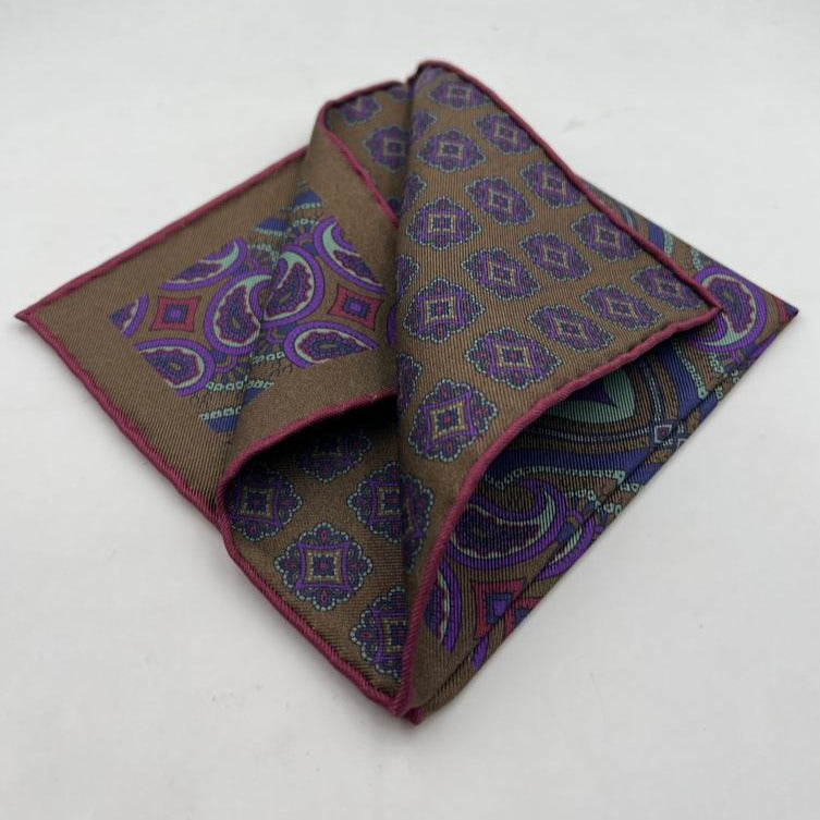 Cruciani & Bella Hand-rolled   100% Silk Brown, Light Blue, Turquoise and Pink Double Faces Patterned  Motif  Pocket Square Made in England 31 cm X 31 cm #6454