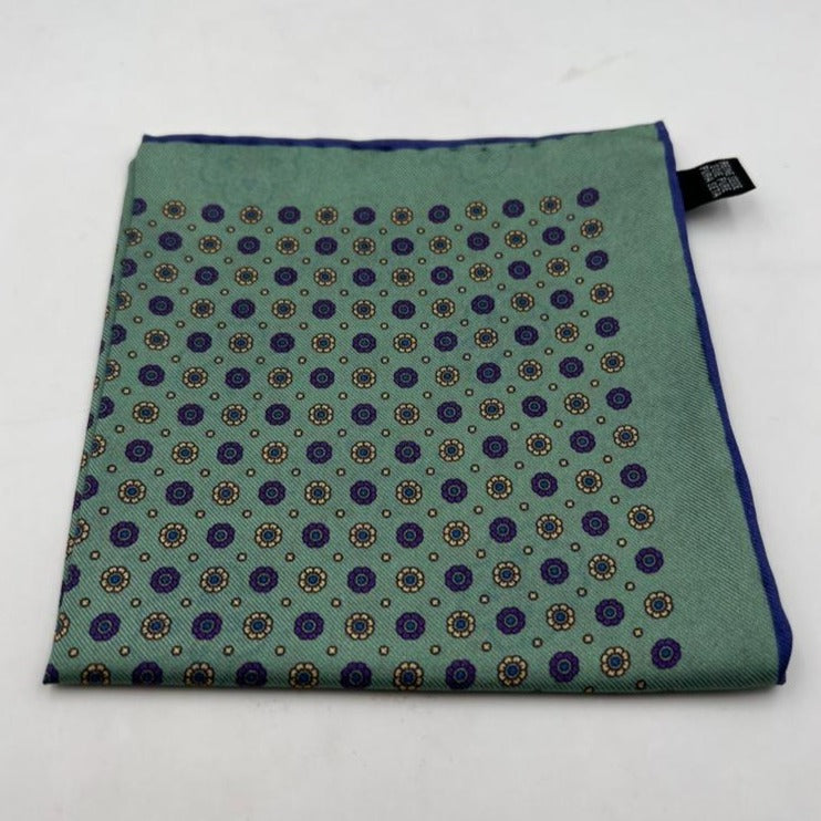 Cruciani & Bella Hand-rolled   100% Silk Light Green, Orange, Yellow and Purple Double Faces Patterned  Motif  Pocket Square Made in England 31 cm X 31 cm #6458