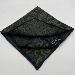 Holliday & Brown Hand-rolled   Holliday & Brown for Cruciani & Bella 100% Silk Green, Brown and Blue Double Faces Patterned  Motif  Pocket Square Handmade in Italy 32 cm X 32 cm #7031