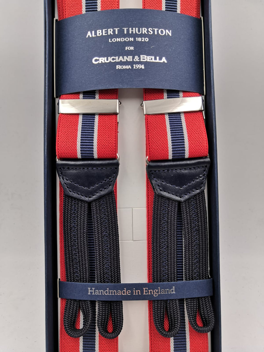 Albert Thurston for Cruciani & Bella Made in England Adjustable Sizing 35 mm elastic  braces Red, Blue and White stripes Braid ends Y-Shaped Nickel Fittings Size: L