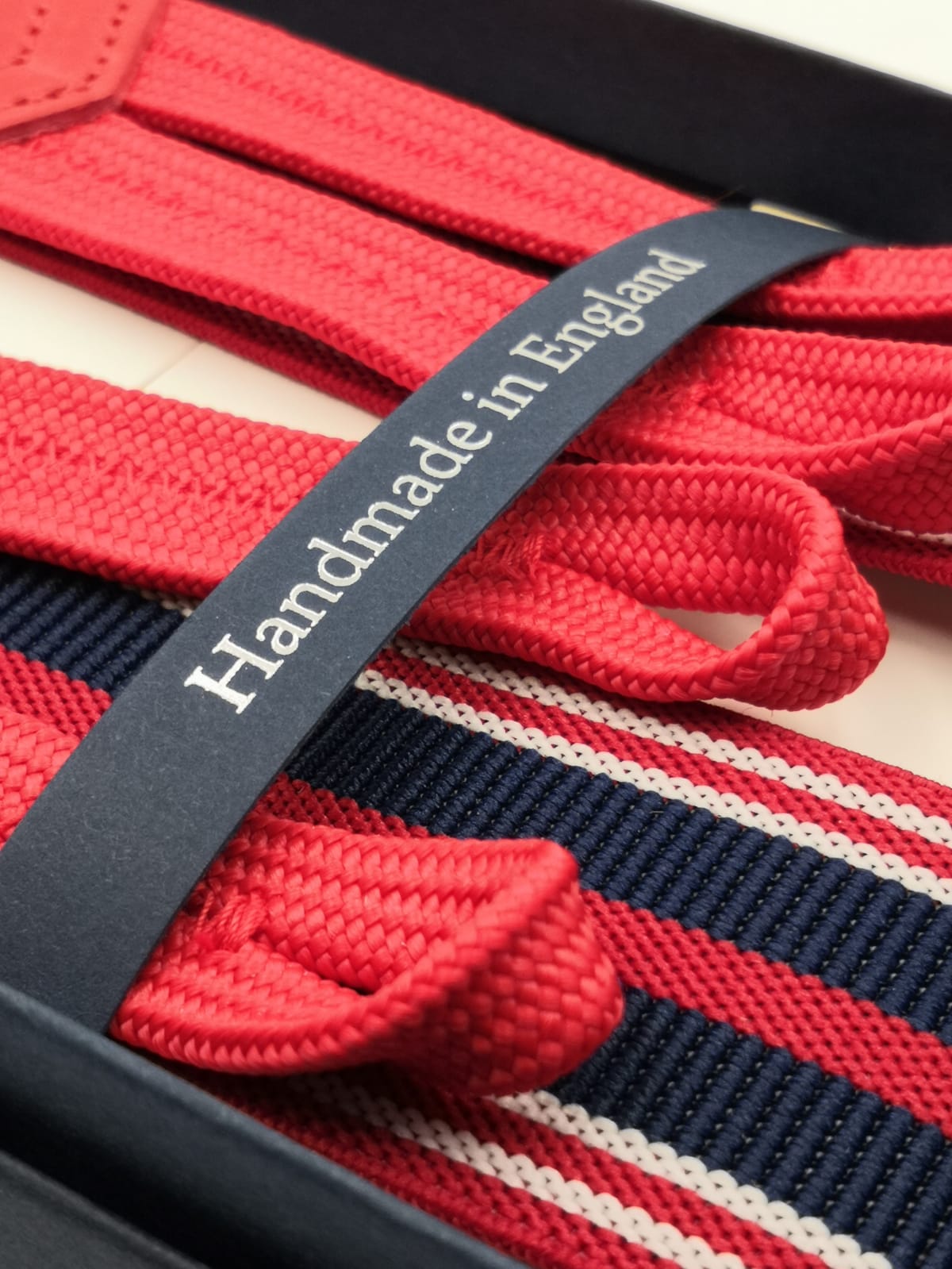 Albert Thurston for Cruciani & Bella Made in England Adjustable Sizing 35 mm elastic  braces Blue, Red and White stripes Braid ends Y-Shaped Nickel Fittings Size: L