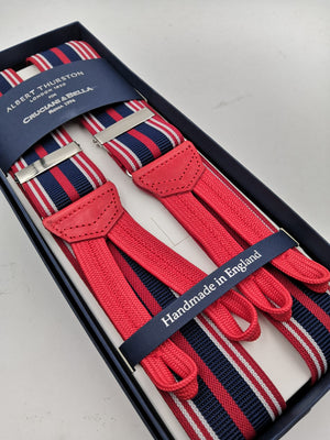 Albert Thurston for Cruciani & Bella Made in England Adjustable Sizing 35 mm elastic  braces Blue, Red and White stripes Braid ends Y-Shaped Nickel Fittings Size: L